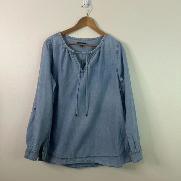 Lands' End Blue Chambray Tie Neck Long Sleeve 100% Cotton Coastal Country Sz 1X - Picture 1 of 11
